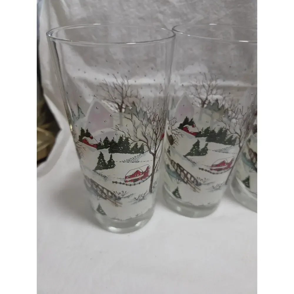 4 Vintage Libbey Christmas Winter Scene Horse Sleigh 16 oz. Glasses
